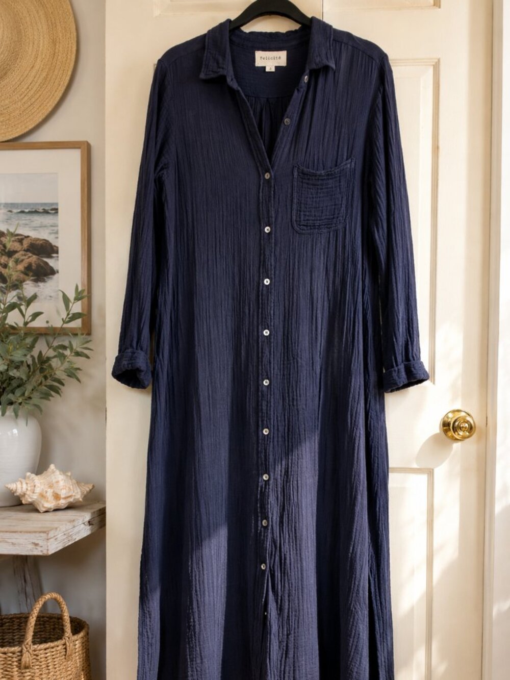 Felicité Navy Gauze Cotton Maxi Shirt Dress Size 3 Button Front Beach Cover Up